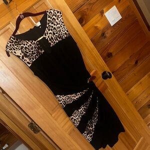 Black Leopard-Wrap Skirt Gild Metal Accent Women's Dress